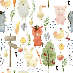 Watercolor pattern with farm animals.