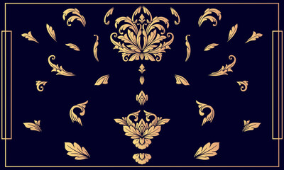 Gold ornamental baroque damask flourish with swirl scroll art deco element collection. Classical Luxury Arabesque calligraphic ornaments