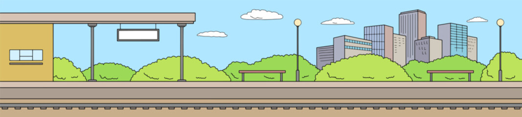 Railway station platform color graphic train sketch long illustration vector 
