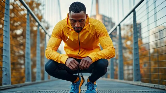 Focused Black man in yellow sportswear tying shoe laces, ready for running workout, healthy lifestyle and urban fitness.