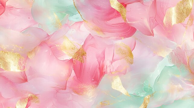 Soft pastel pink and mint smears with hints of gold, blending together in a fluid, painterly pattern that suggests abstract flowers in bloom.