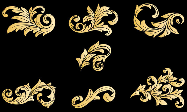 Set Of Gold Arabesque Floral Ornament Vector. Golden Baroque flourish filigree ornate decor elements. Luxury rococo acanthus leaf calligraphic art deco element.