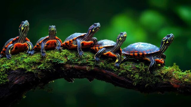 Four Baby Turtles on a Mossy Branch in a Lush Green Forest