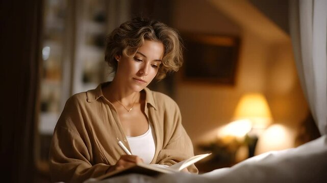 A young woman journaling in a quiet bedroom with dim light