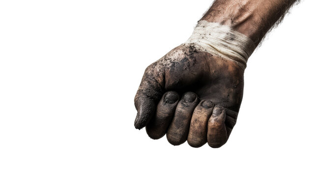 A clenched fist of a person with dirty, scratched skin, symbolizing struggle, resilience, and determination against adversity.