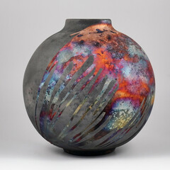 Colorful round globe decorative ceramic vase on plain background
