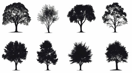 Elegant collection of diverse tree silhouettes isolated against a pristine white background