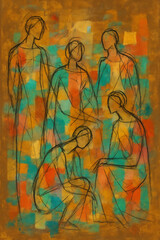 Abstract line drawing of multiple overlapping human figures	