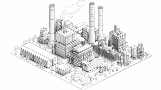 Isometric architectural sketch showcasing industrial complex with chimneys and buildings