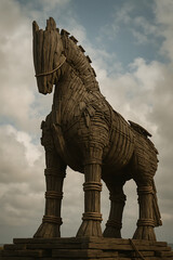 Giant wooden horse sculpture in cloudy sky	