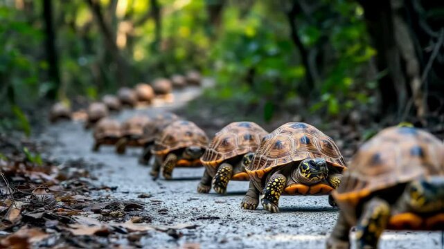 Tortoise Procession A Line of Turtles on a Forest Path