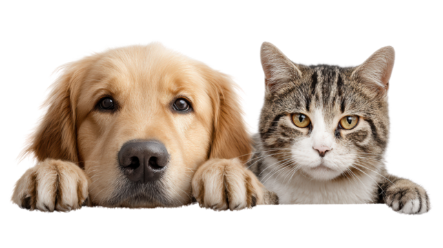 A curious golden retriever and a tabby cat posing together, showcasing friendship and companionship.