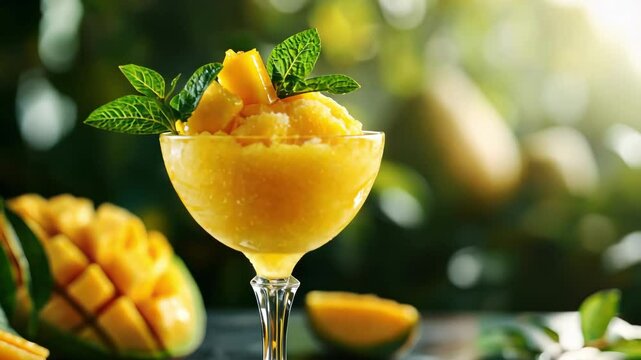 Close-up of a refreshing mango sorbet with mango fruit and mint leaves, healthy food and delicious dessert, summer refreshment