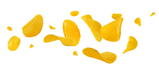 Corrugated potato chips fly through space forming an unusual figure similar to a loop. Isolated on white