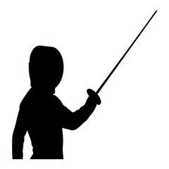 Naklejka premium Silhouette of fencer in full gear, holding a foil with arm extended