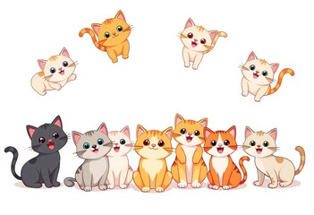 Obraz premium Adorable cartoon cats on a white background, playful poses, background, cartoon