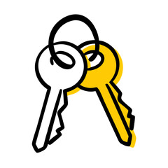 Brightly colored keys hanging together on a keyring with a bold design, showcasing minimalist art style