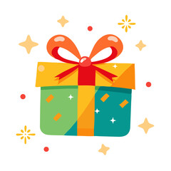 Colorful gift box with decorative bow and sparkles on a white background, perfect for celebrations and special occasions