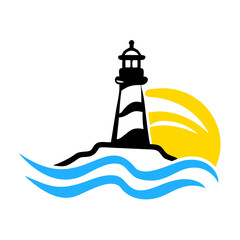 Lighthouse stands tall by the shore with waves lapping against its base as the sun sets in the background creating serene ambiance