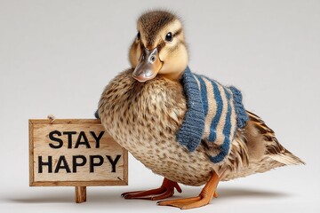 A playful duck in a striped sweater holding a sign that reads "Stay Happy" on a white background.