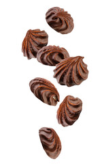 Chocolate covered corrugated marshmallow falling in space. Isolated on white