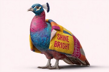 A funky peacock in a vibrant jacket holding a message saying "Shine Bright" on a white backdrop.