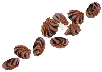 Chocolate coated corrugated marshmallow flies in space forming a chain shape. Isolated on white