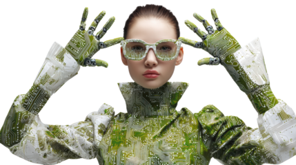A futuristic woman wearing tech-inspired attire and glasses, isolated on a white background, symbolizing innovation and technology.