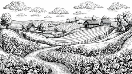 Vintage Black And White Rural Landscape Illustration