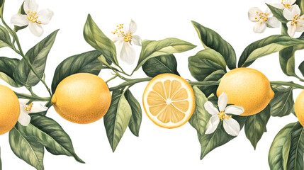 Bright Lemons with Leaves and Flowers Isolated on Tranasparent Background