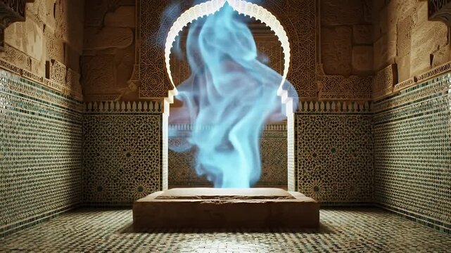 Ethereal Blue Smoke Rising From Stone Platform in an Ornate Moroccan Style Room with Intricate Geometric and Floral Patterns Creating Mystical Ambience