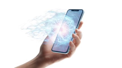 A hand holding a smartphone emitting dynamic energy waves, showcasing innovation and connectivity.