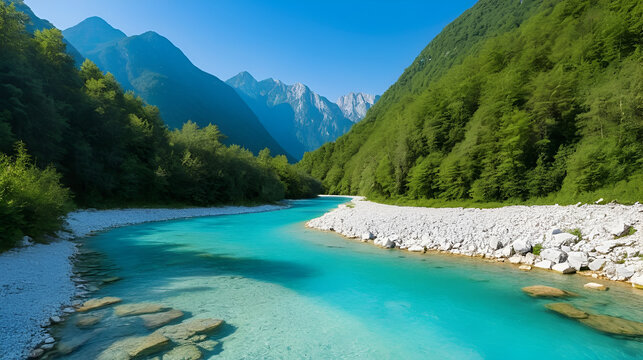 Light blue water in Soca river in summer hot evening in Slovenia