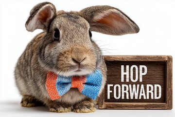 A quirky rabbit in a colorful bowtie holding a board with "Hop Forward" on a white space.