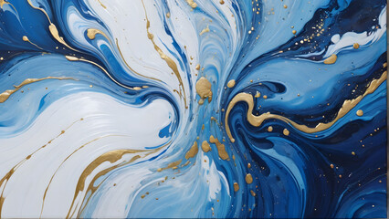 A painting of a blue and white swirl with gold accents. The painting has a sense of movement and energy, with the blue and white colors blending together to create a dynamic and vibrant scene