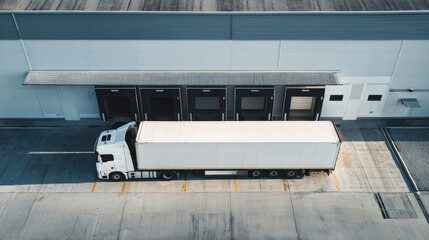 Truck with white trailer being loaded at modern warehouse's loading dock captured from above