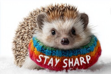 A quirky hedgehog in a colorful scarf holding a message saying "Stay Sharp" on a white background.