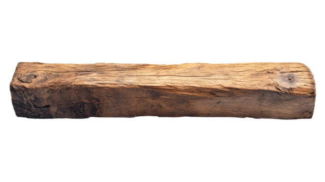 A long wooden log with a rugged texture, beautifully weathered and natural, set against a white isolated background.