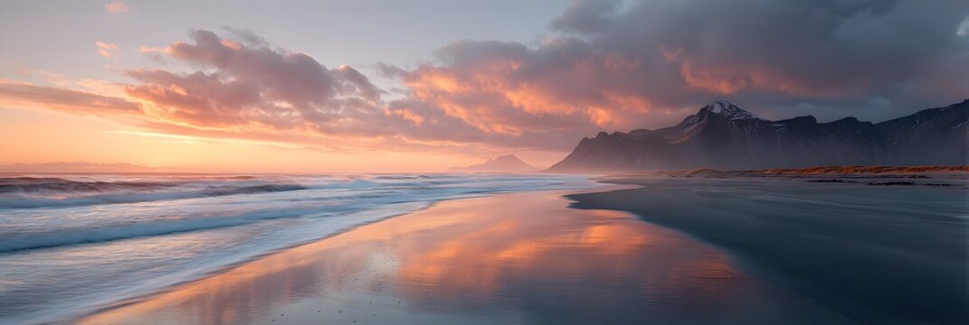 Waves crashing on sandy beach at sunset, with golden light reflecting off the water and dramatic clouds adding depth to the coastal scenery