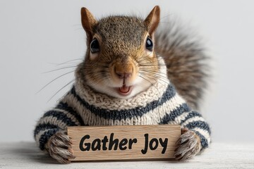 A playful squirrel in a striped shirt holding a board with "Gather Joy" on a white background.