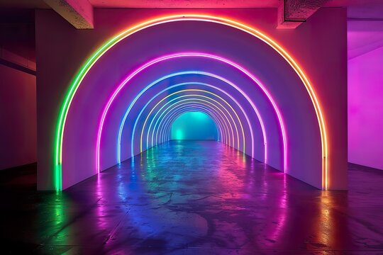 Abstract glowing arcs in neon green, pink, and purple, converging into a central point, creating an energetic visual effect against a dark canvas 