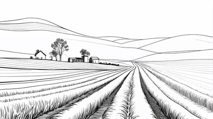Obraz premium vine plantation hills, trees, clouds on the horizon illustration sketch