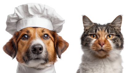 A playful dog in a chef's hat and a serious cat, together in a lighthearted food-themed scene.