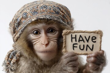 A funky monkey in a patterned bandana holding a sign that says "Have Fun" on a bright white canvas.