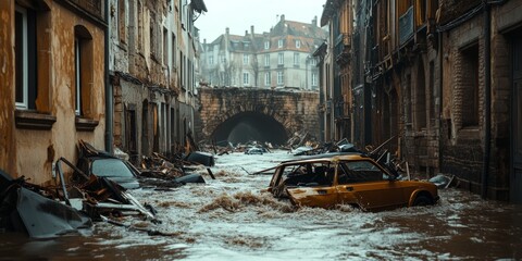 Flood destroying european city with cars submerged in water