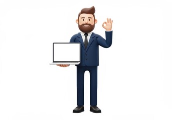 3D Illustration of Cartoon businessman holding laptop with blank screen and making ok sign isolated on white background