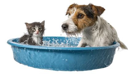 A playful kitten and a dog splashing water in a blue tub, showcasing a joyful moment of friendship.