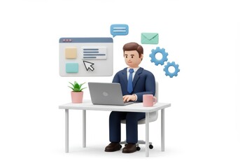 3D Illustration of Cartoon businessman working on laptop at desk with plant and coffee mug isolated on white background