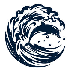 Dolphin in waves. Circle design. Vector illustration. Silhouette