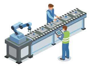 Human workers and robotic arms work together on an assembly line in a cartoon scene, highlighting automation and quality control precision.